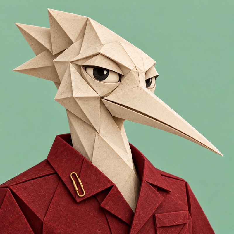 The Organizer: paper character in a burgundy chore jacket with a brass paperclip, mint background.