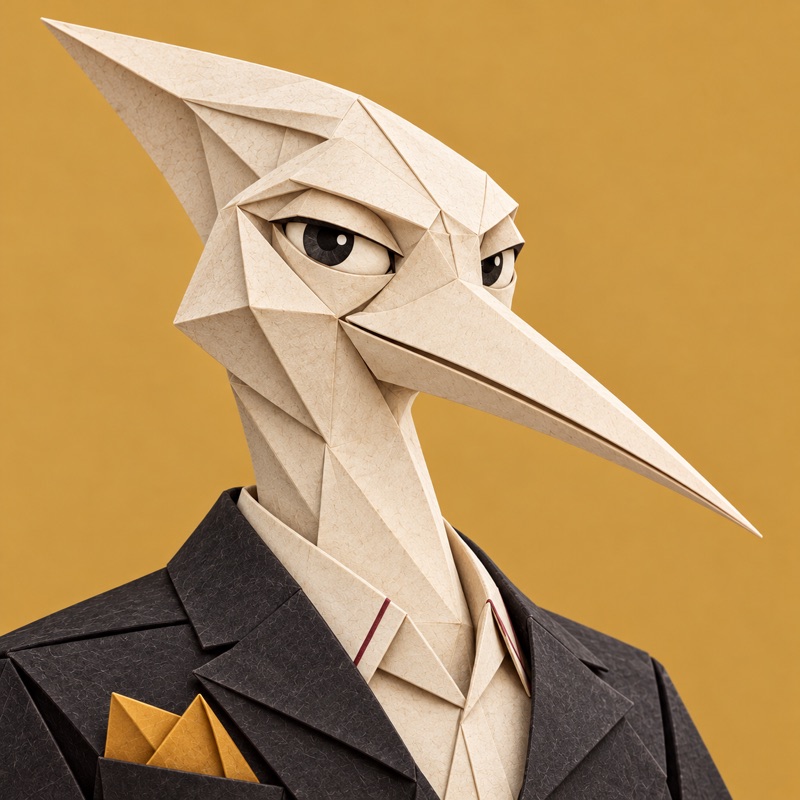 The Host: paper character in a charcoal blazer with an ochre pocket square, ochre background.
