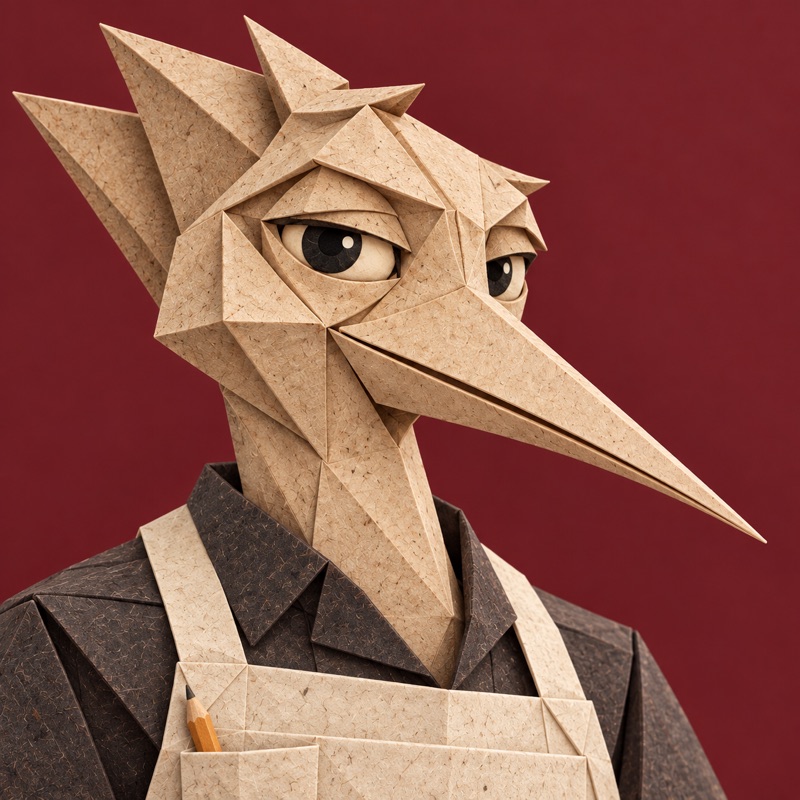 The Maker: kraft-paper character in a cream work apron with a pencil, burgundy background.
