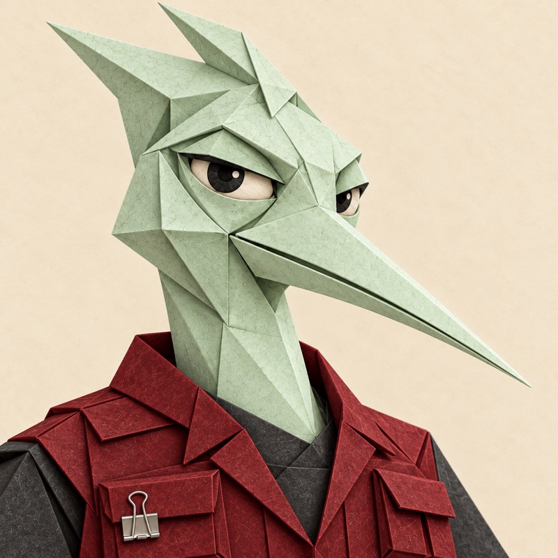 The Trickster: mint-paper character in a burgundy utility vest with a silver binder clip, cream background.