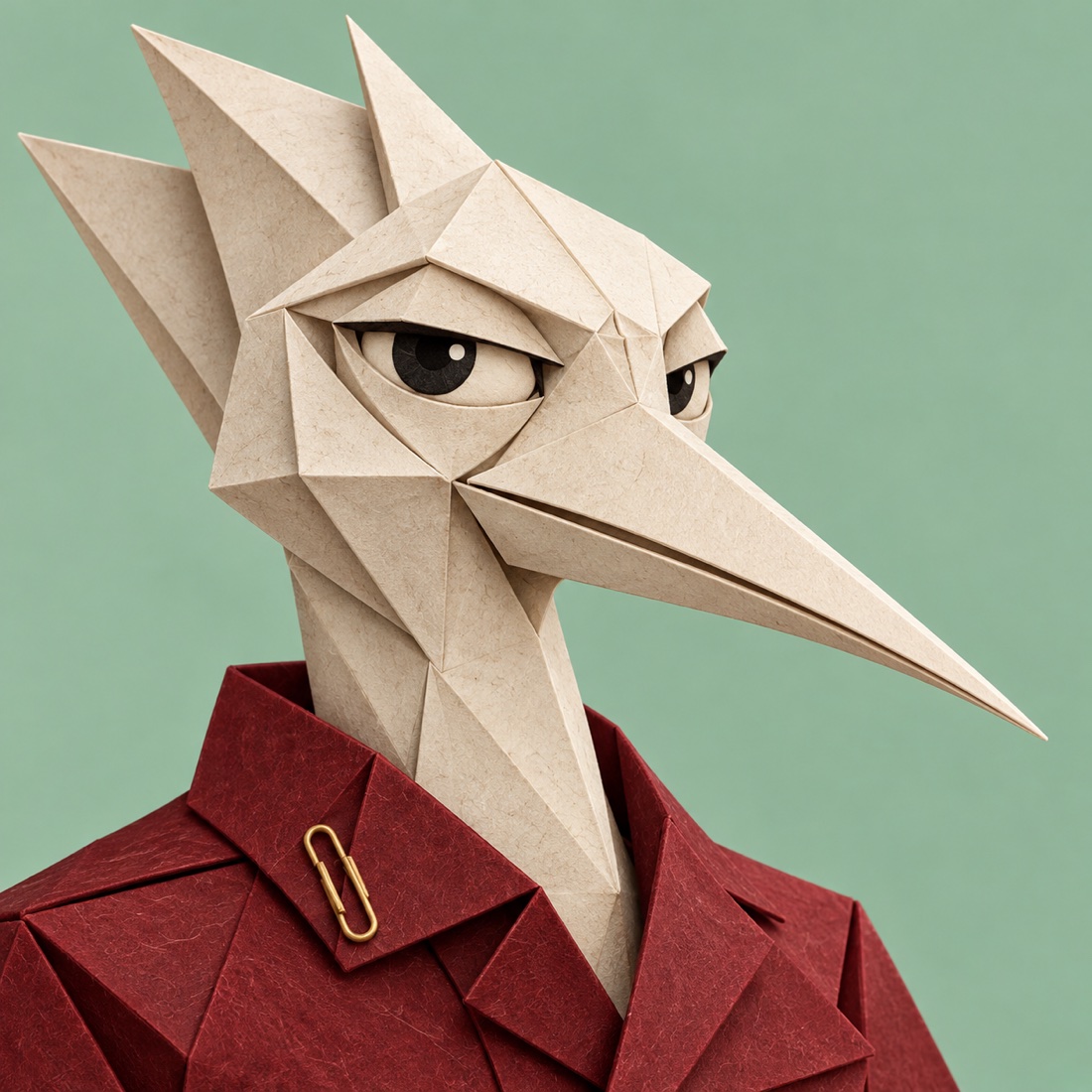 An origami crane-like character folded from cream paper, wearing a burgundy paper jacket with a brass paperclip, against a mint background.
